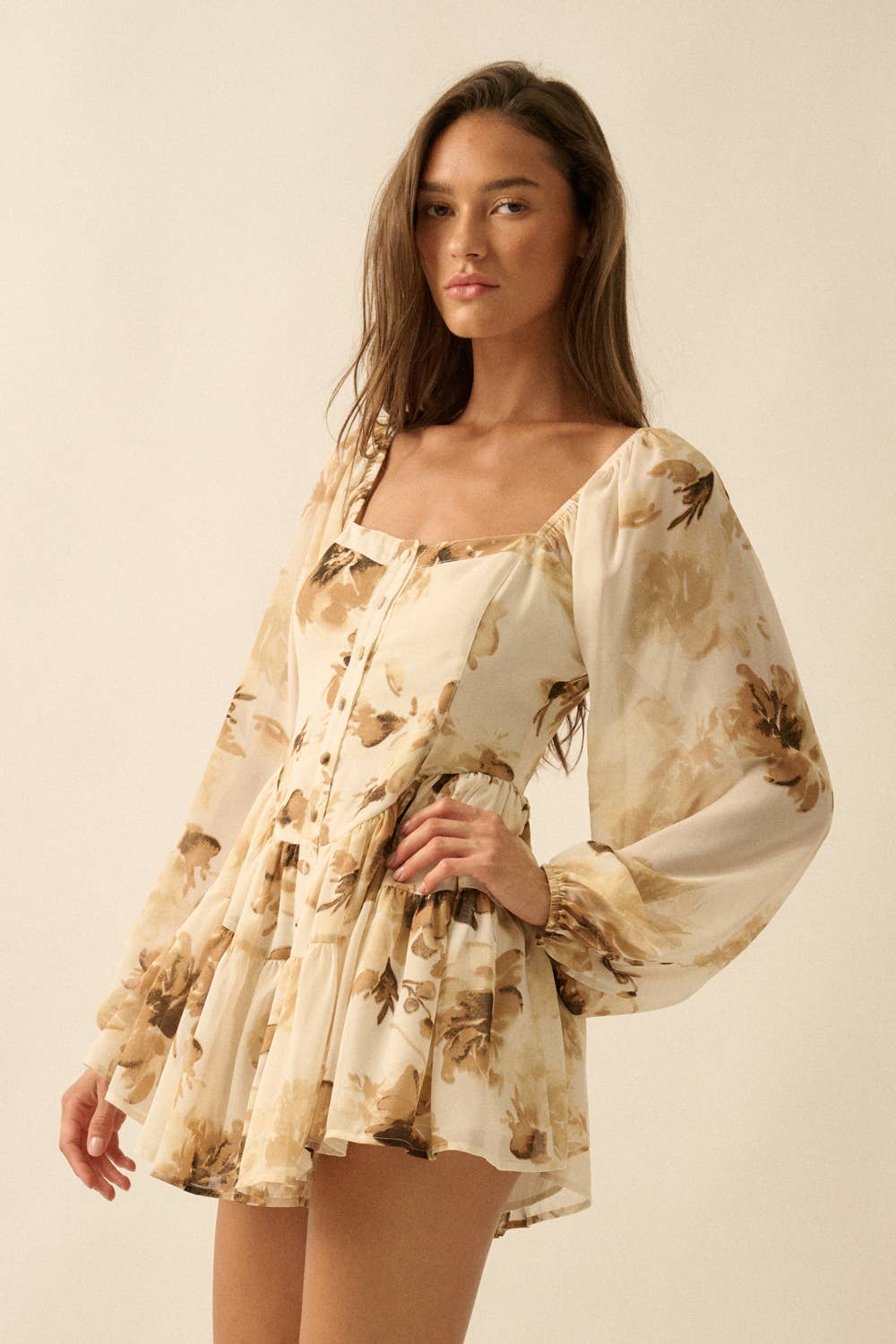 Floral Chiffon Bubble-Sleeve Tiered Ruffle Romper