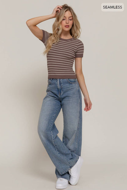 Short Sleeve Crew Neck Striped Seamless Top