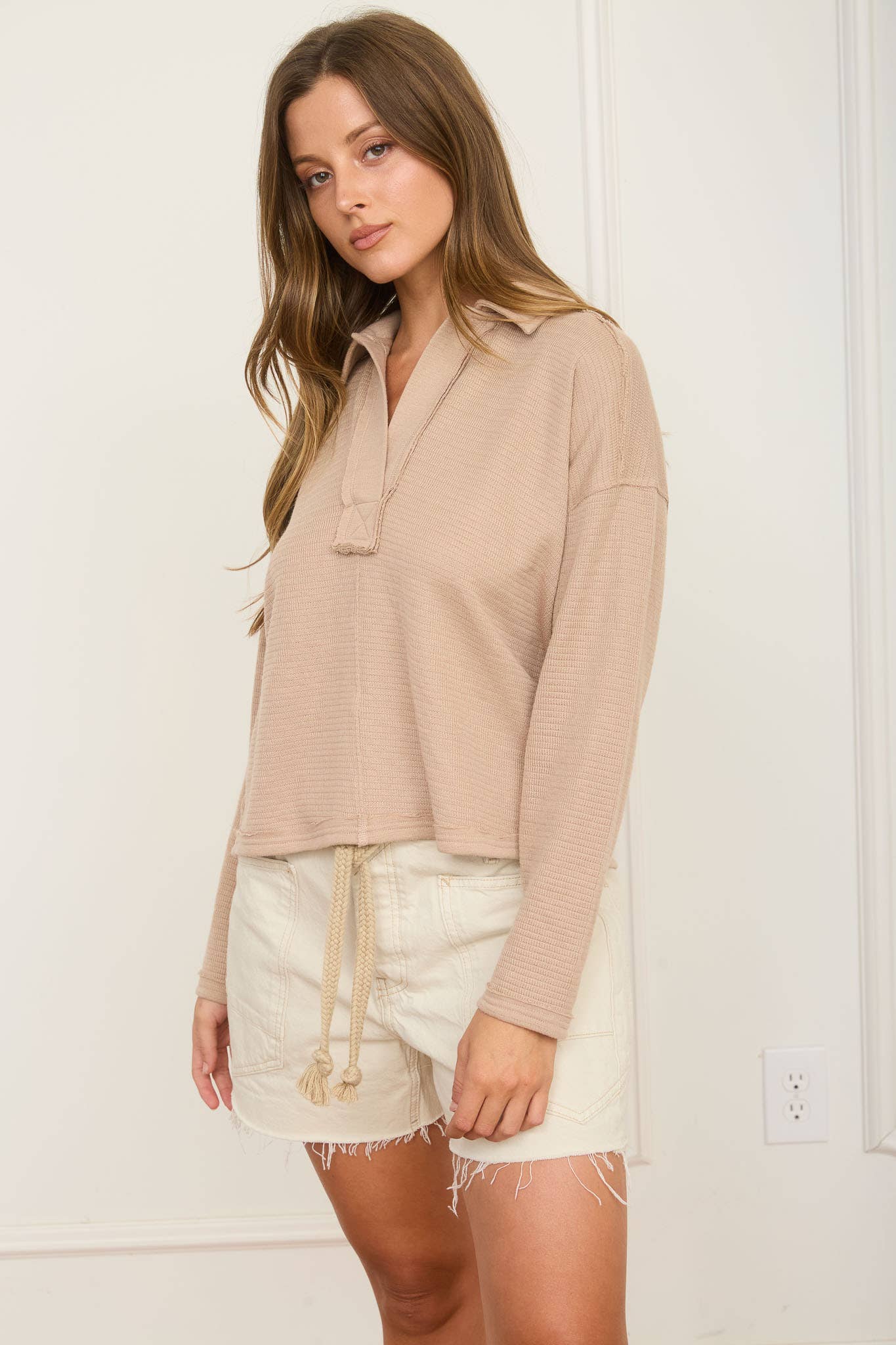Exposed Seam Long Sleeve Textured Knit Polo