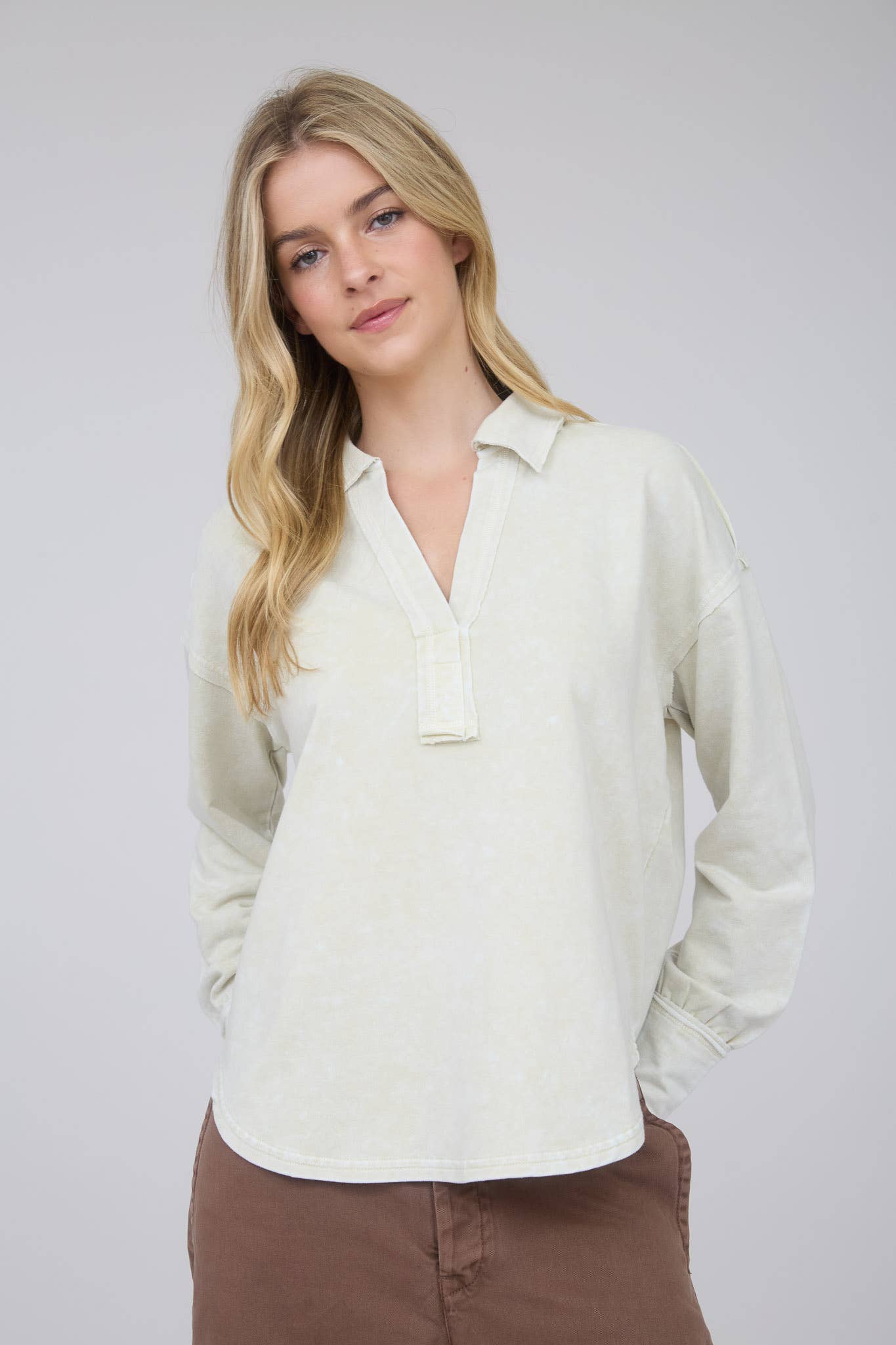 Washed Long Sleeve U Hem Polo Top