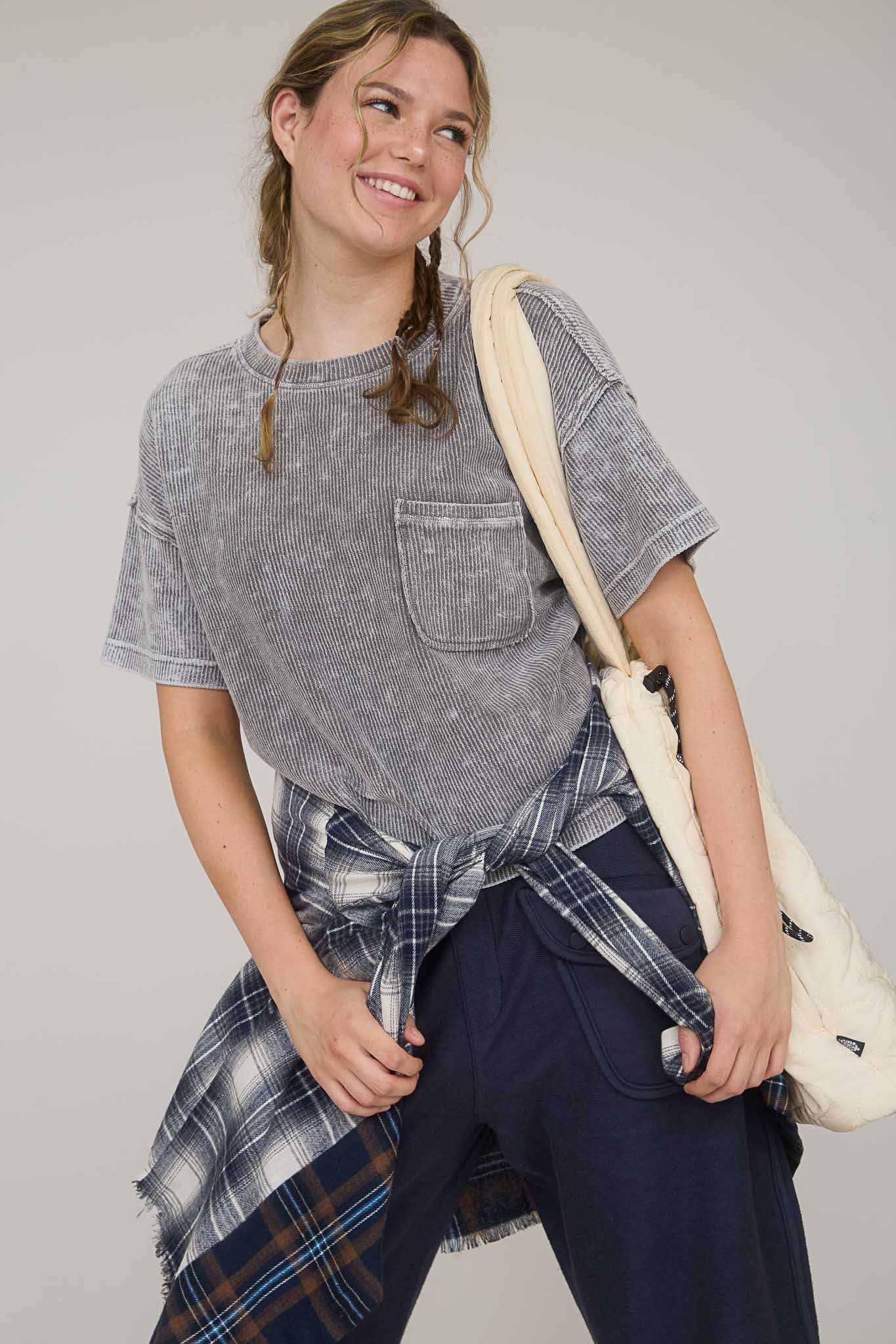 Washed Ribbed Short Sleeve Tee With Pocket