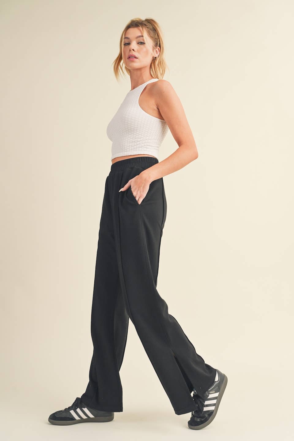 Wide Leg Scuba Pants with Side Slit