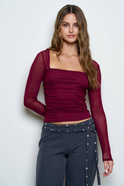 Ruched Waist Square Neck Long Sleeve Knit Top