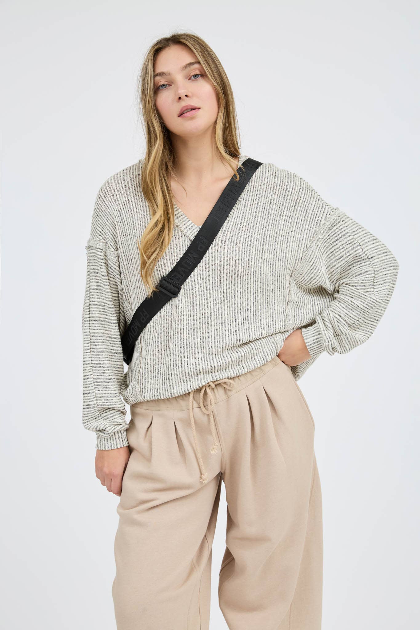 Stripes Drop Shoulder V Neck Knit Top