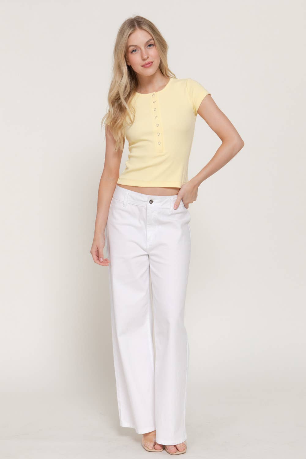Short Sleeve Crew Neck Button Placket Ribbed Top