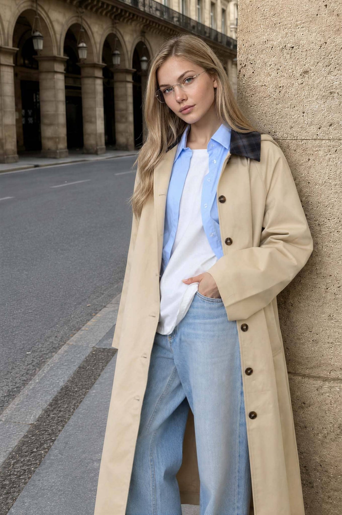 Plaid Collar Hooded Long Coat