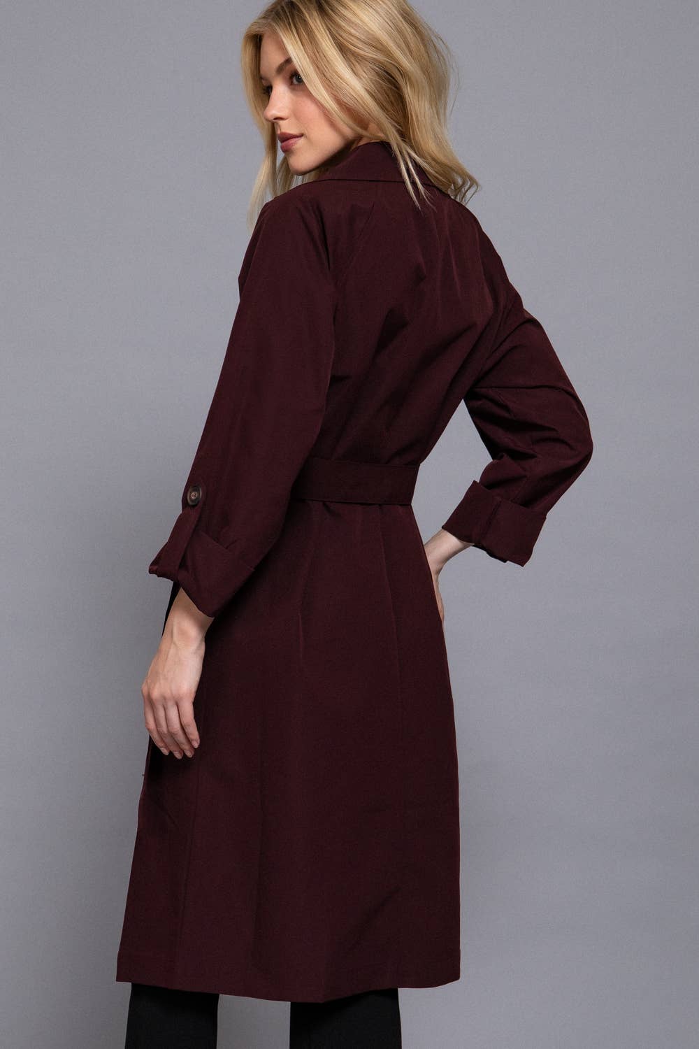 Long Sleeve V-Neck Lapel Collar Trench Coat with Belt