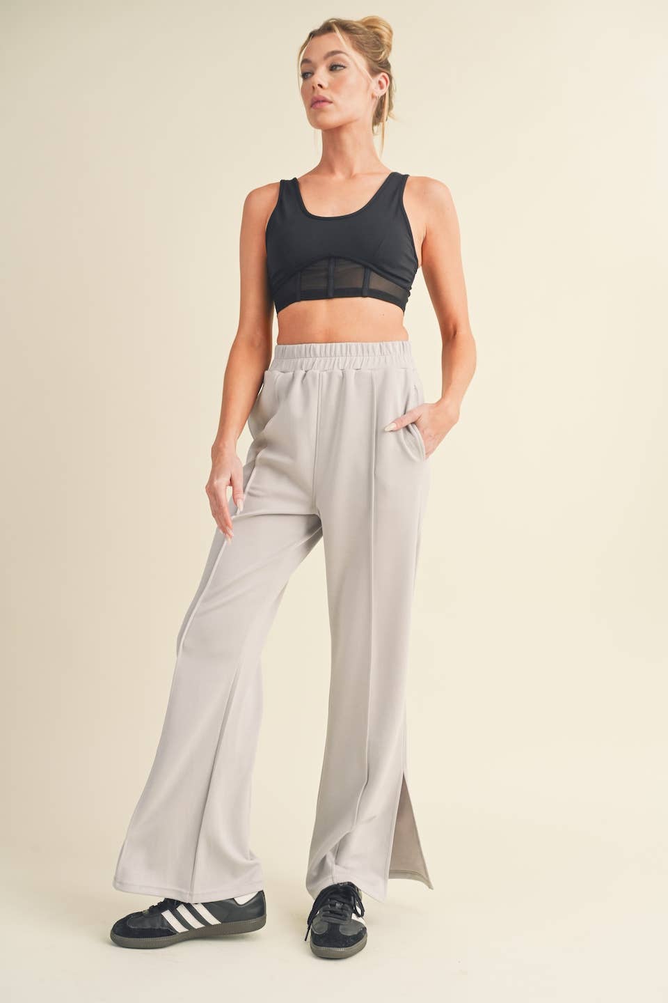 Wide Leg Scuba Pants with Side Slit