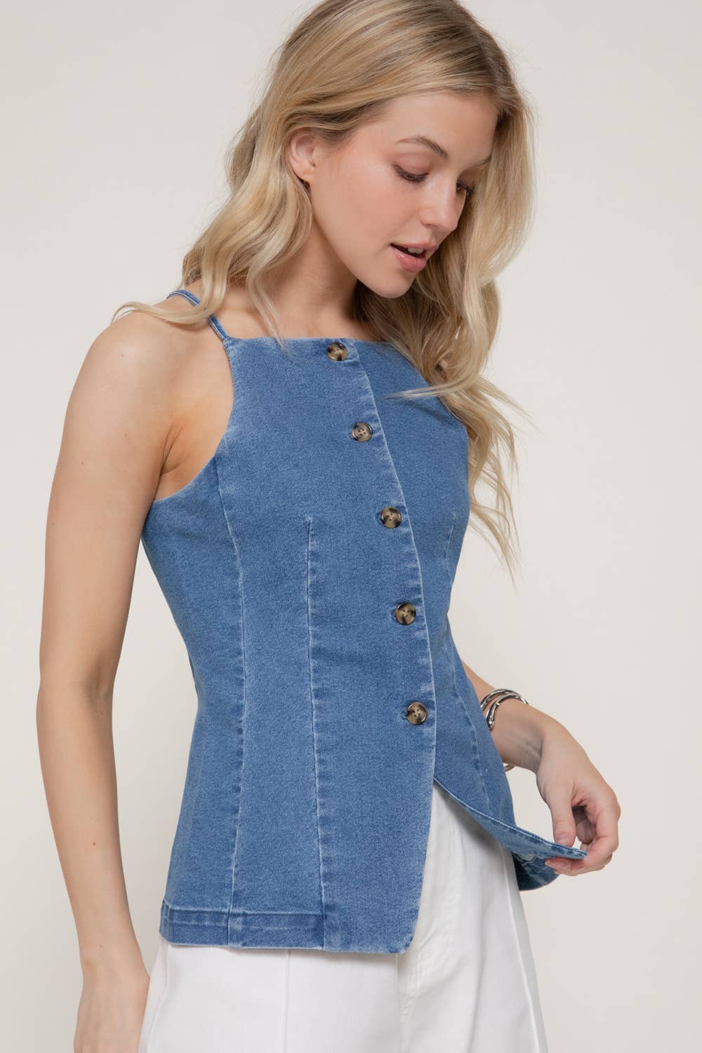 Straight Neckline Stretch Denim Long Vest Top