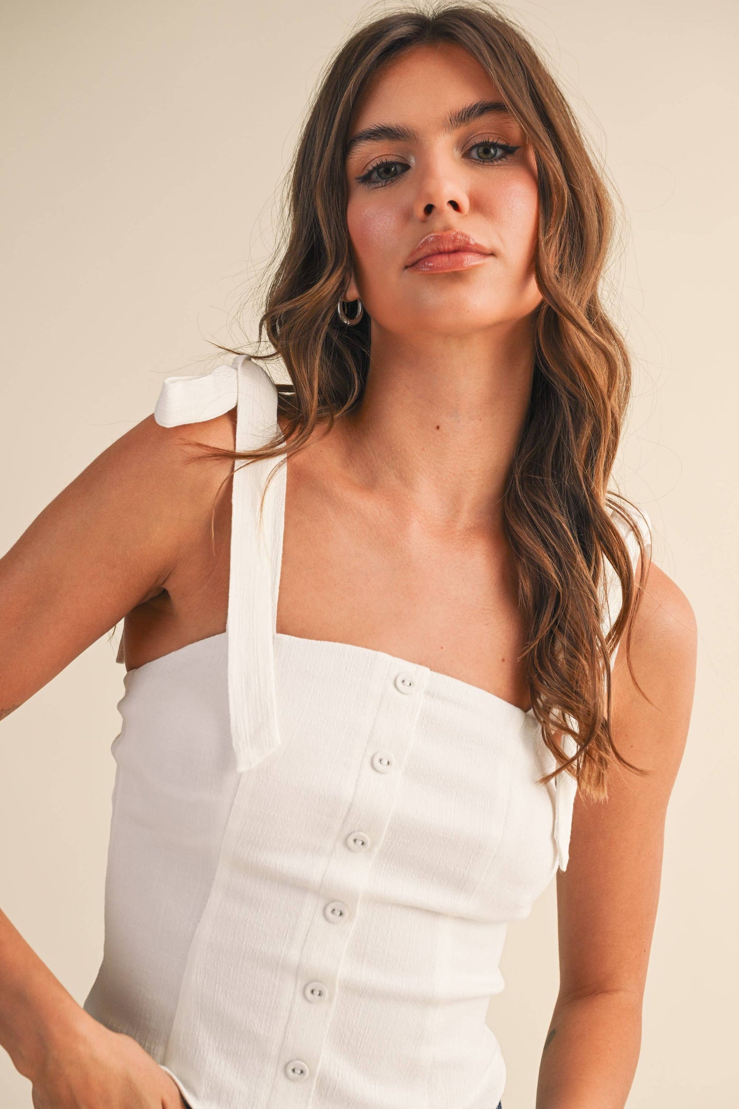Stretchy Linen Button Down Tie Strap Top