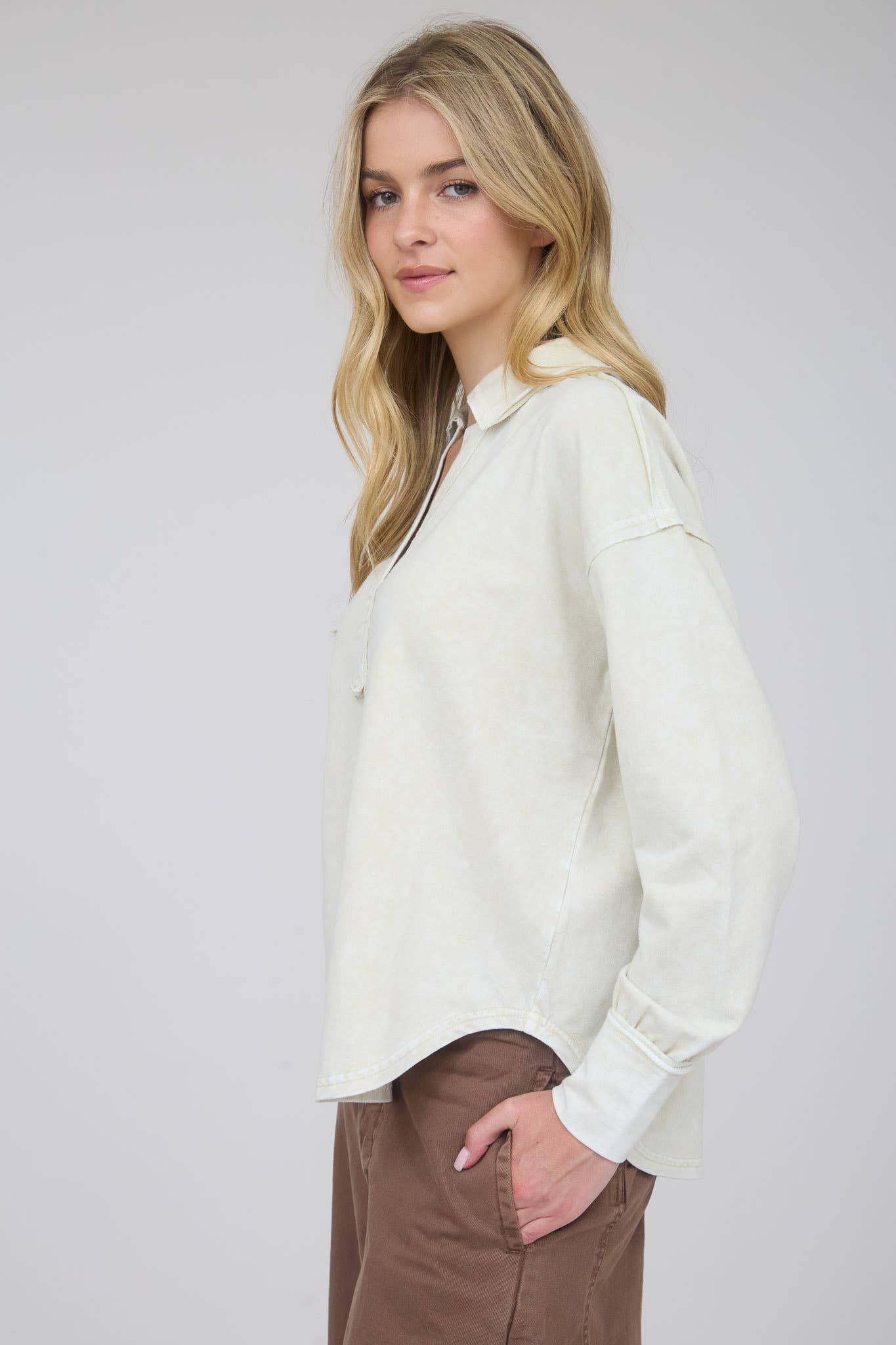 Washed Long Sleeve U Hem Polo Top