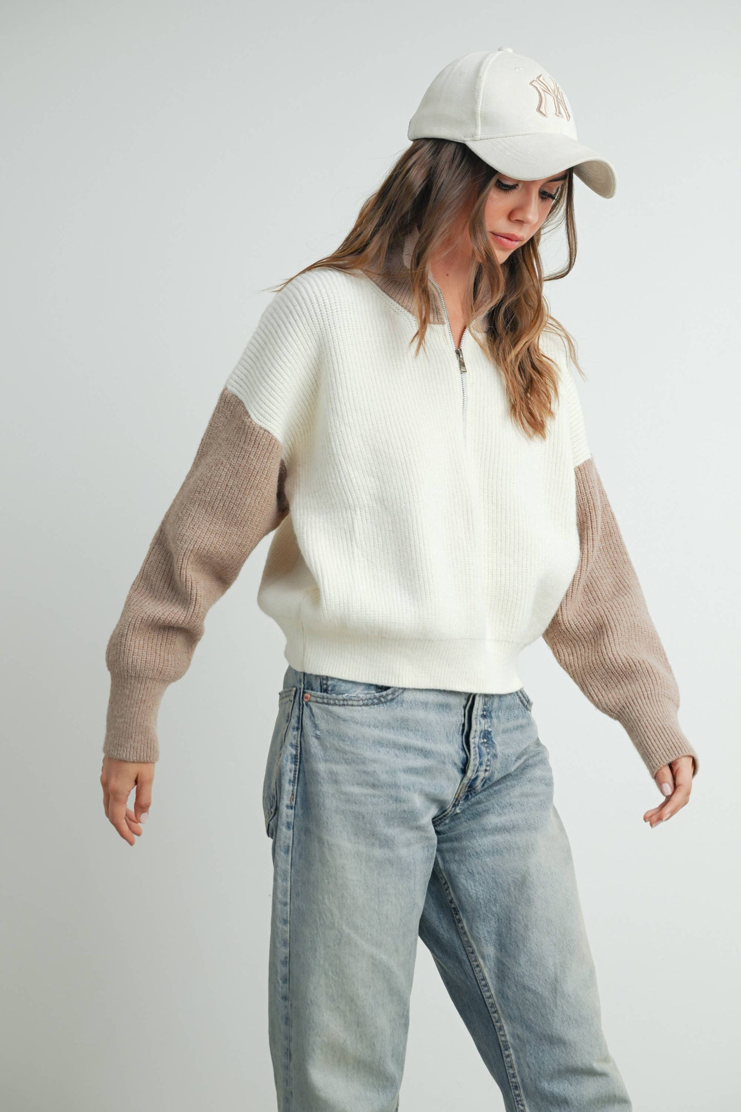 Color Block Collar Half Zipper Pullover Sweater