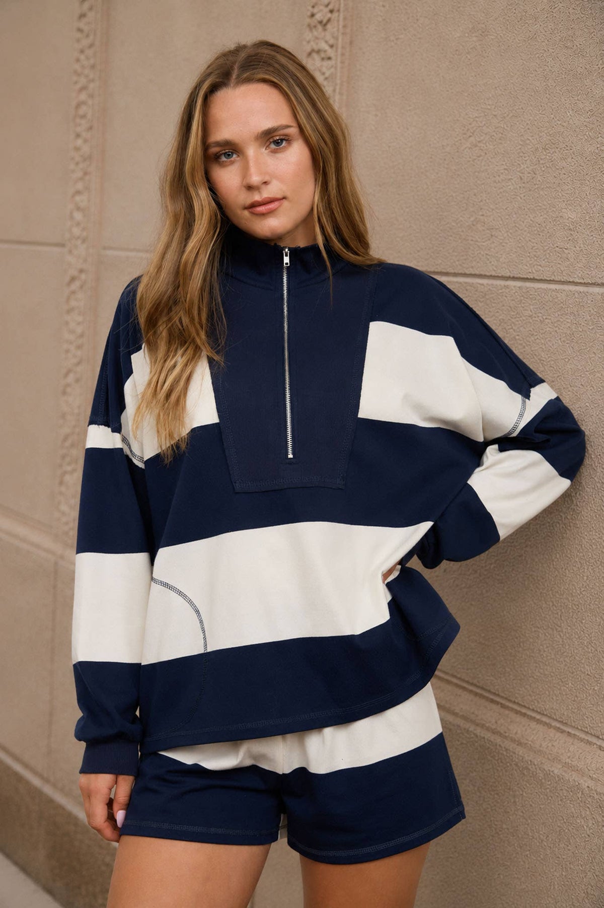 Wide Stripe Half Zip Long Sleeve Knit Top