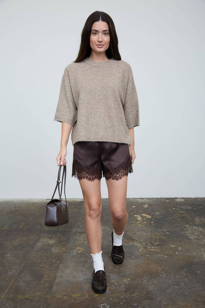 Heathered Crew Neck Half Sleeve Boxy Pullover