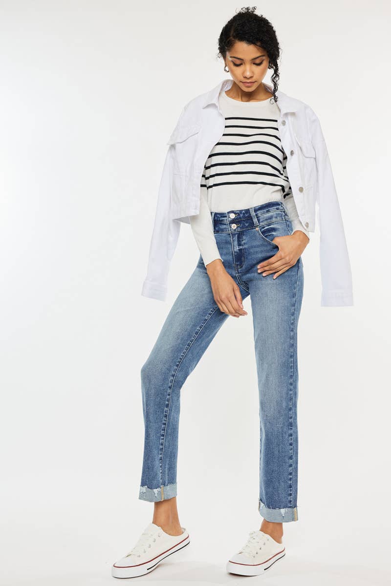 High Rise Slim Straight Cuff Jeans