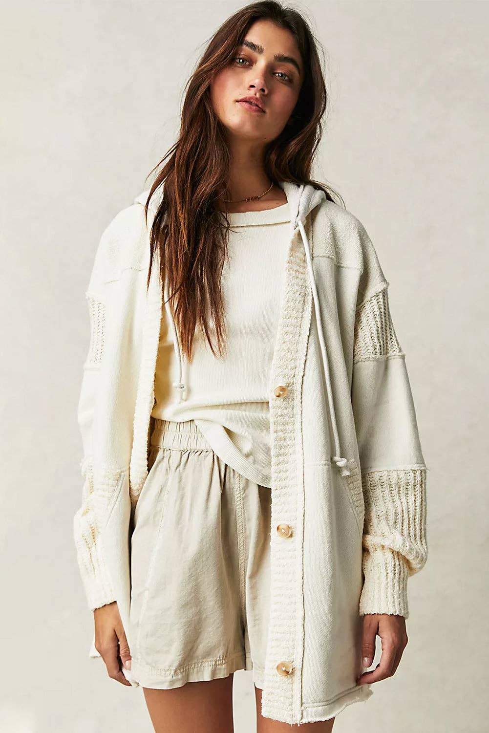 Contrast Knit Patchwork Hooded Cardigan