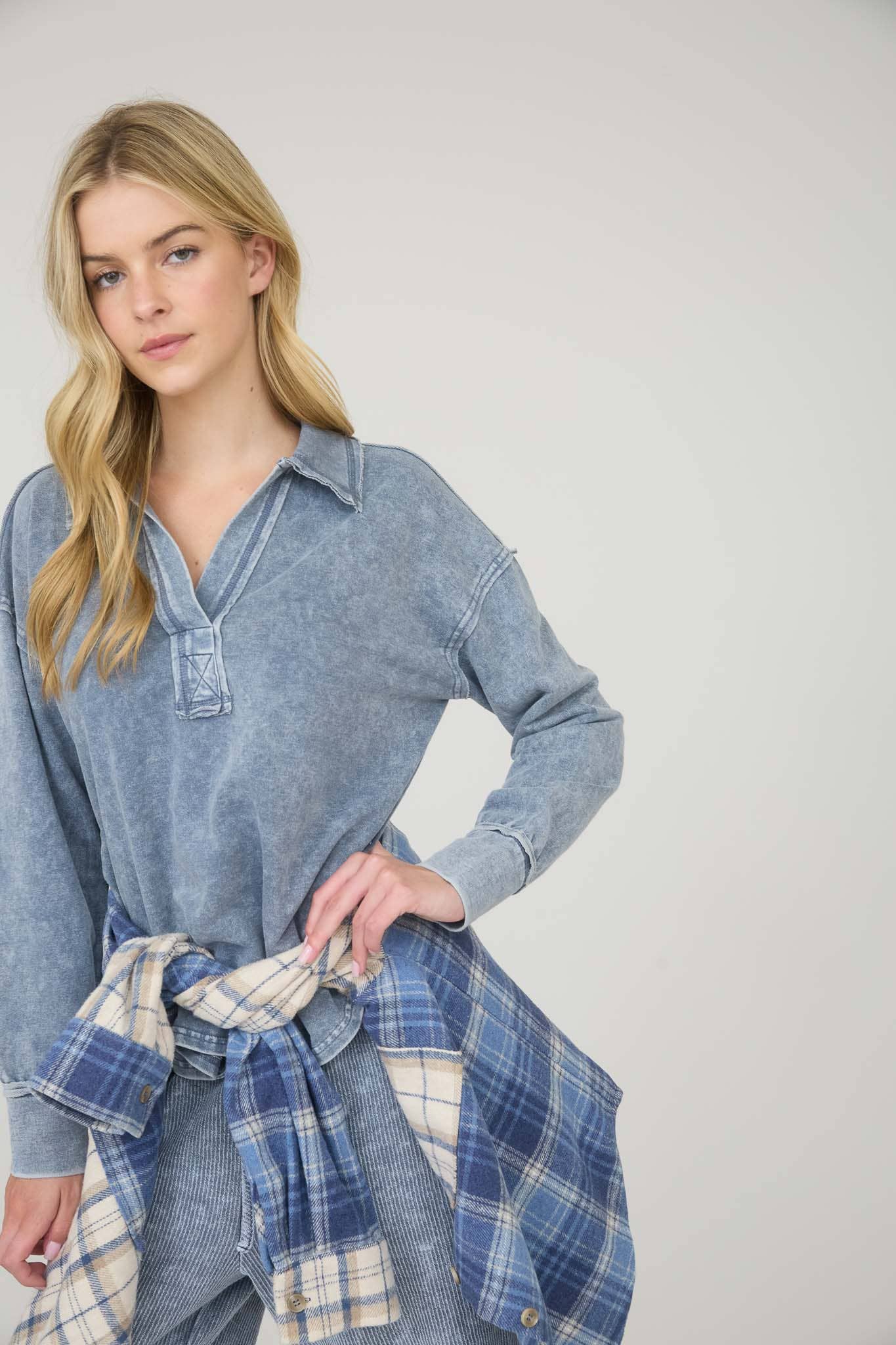 Washed Long Sleeve U Hem Polo Top