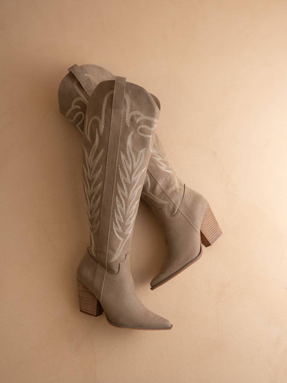The Bronco | Dark Taupe Knee High Embroidered Cowboy Boot