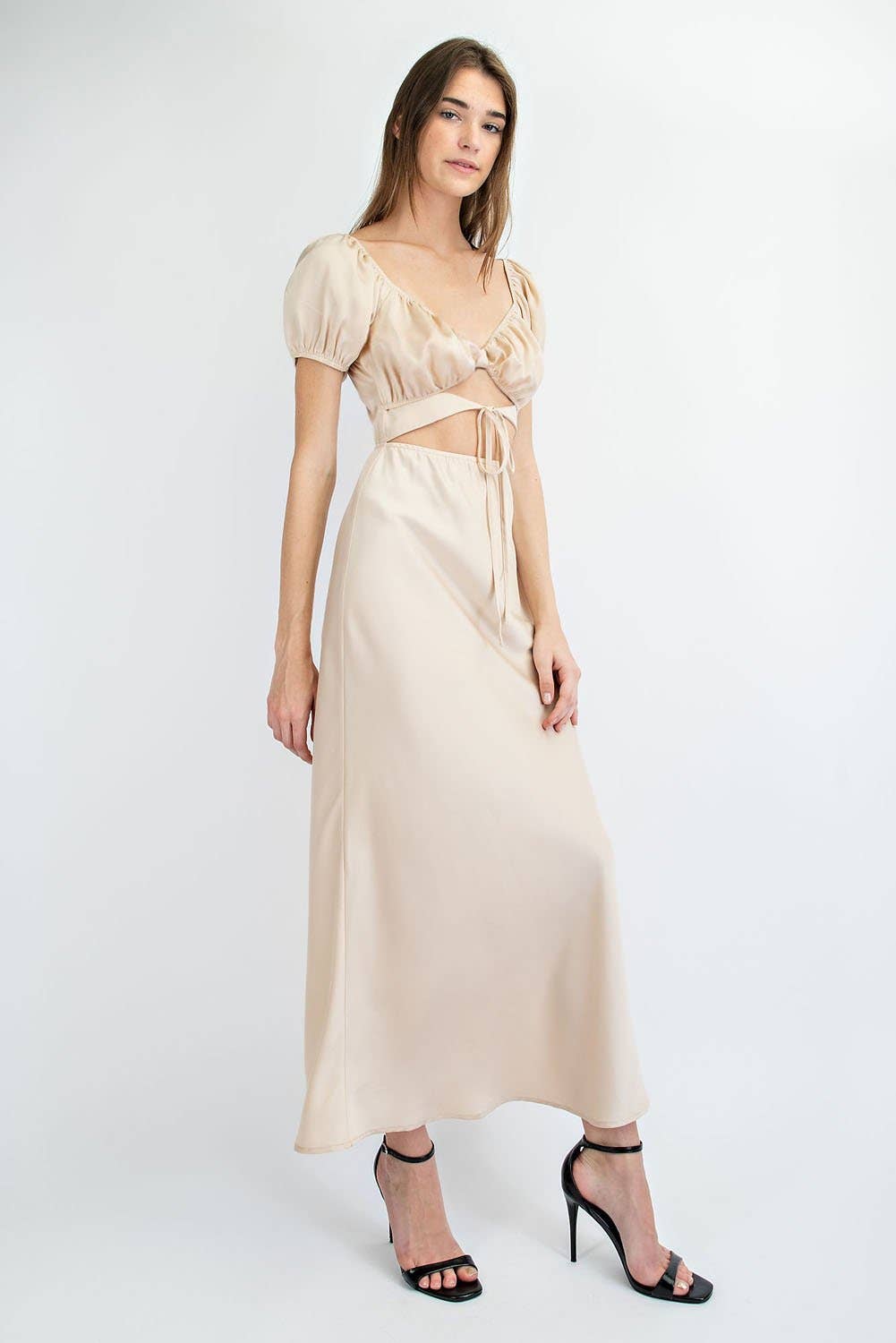 Bias Cut Long Satin Dress  Ruched Bodice Detail