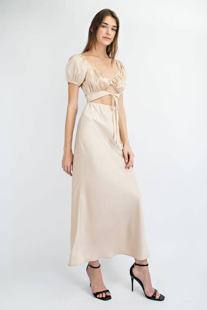 Bias Cut Long Satin Dress  Ruched Bodice Detail