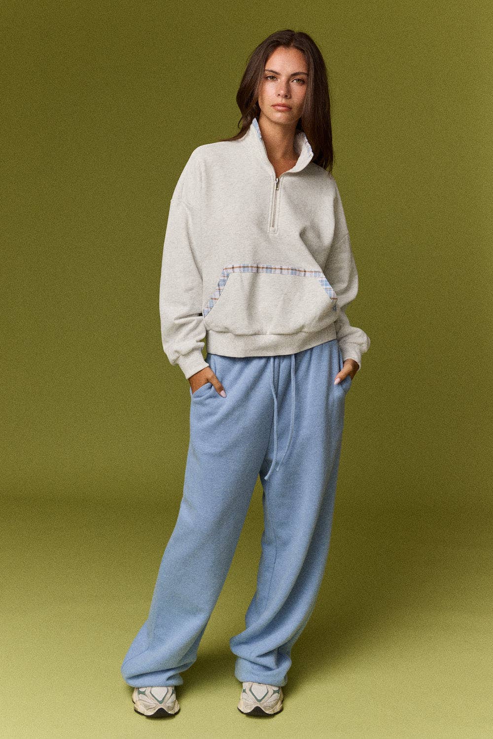 Caroline Plaid Trim Quarter Zip Pullover