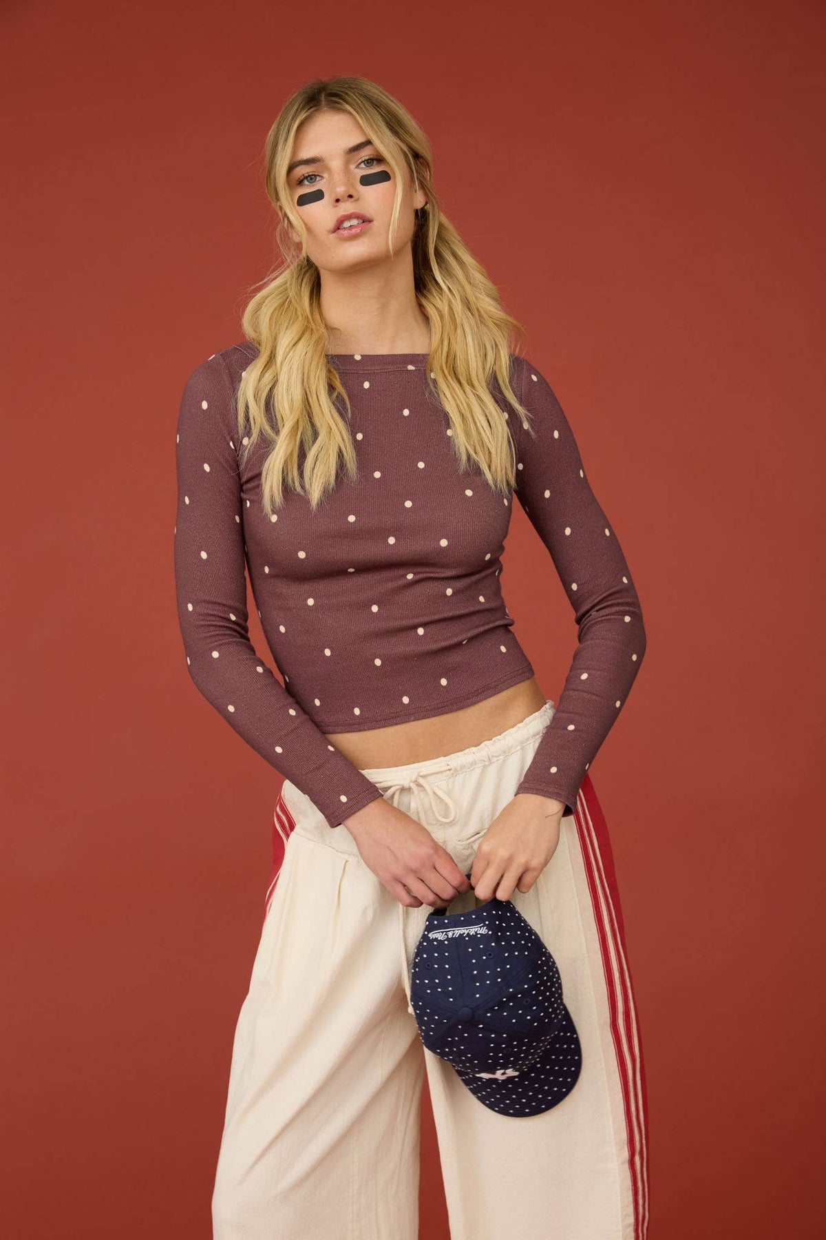 Polka Dot Boat Neck Ribbed Long Sleeve Knit Top