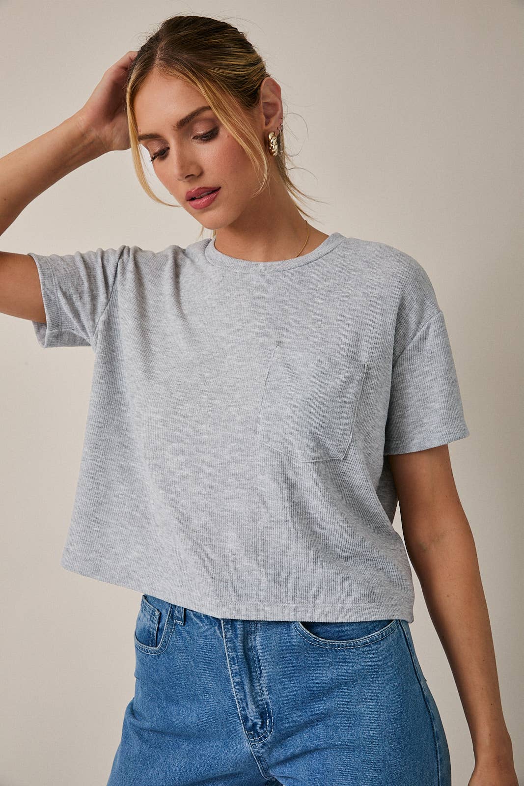 Round Neck Short Sleeve Pocket Detail Top
