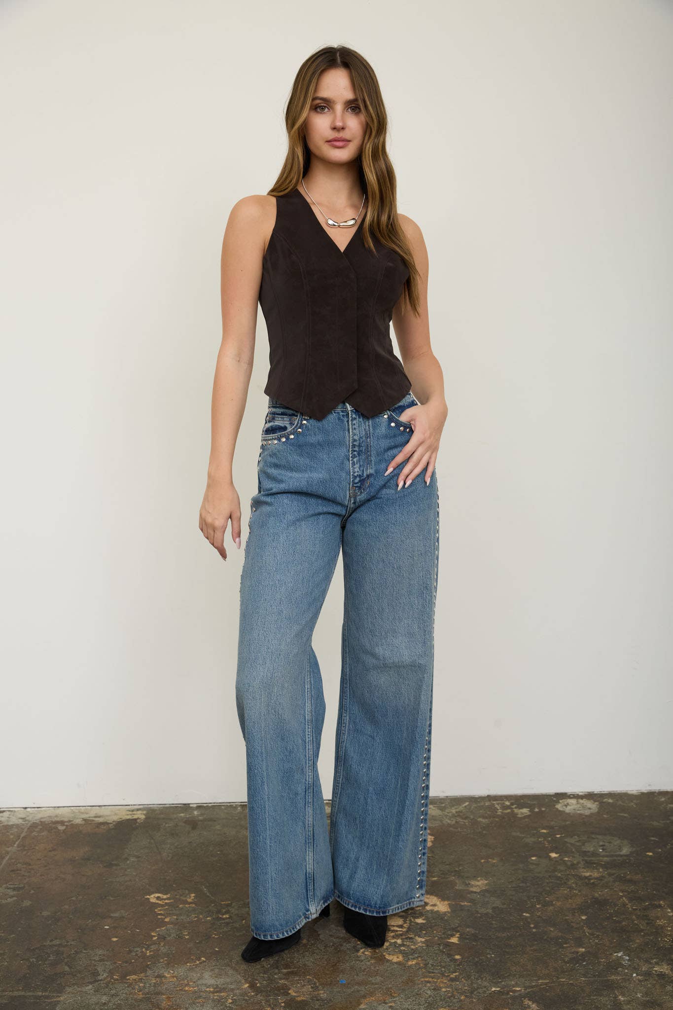 V Neck Button Down Suede Vest
