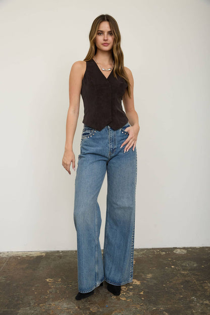 V Neck Button Down Suede Vest