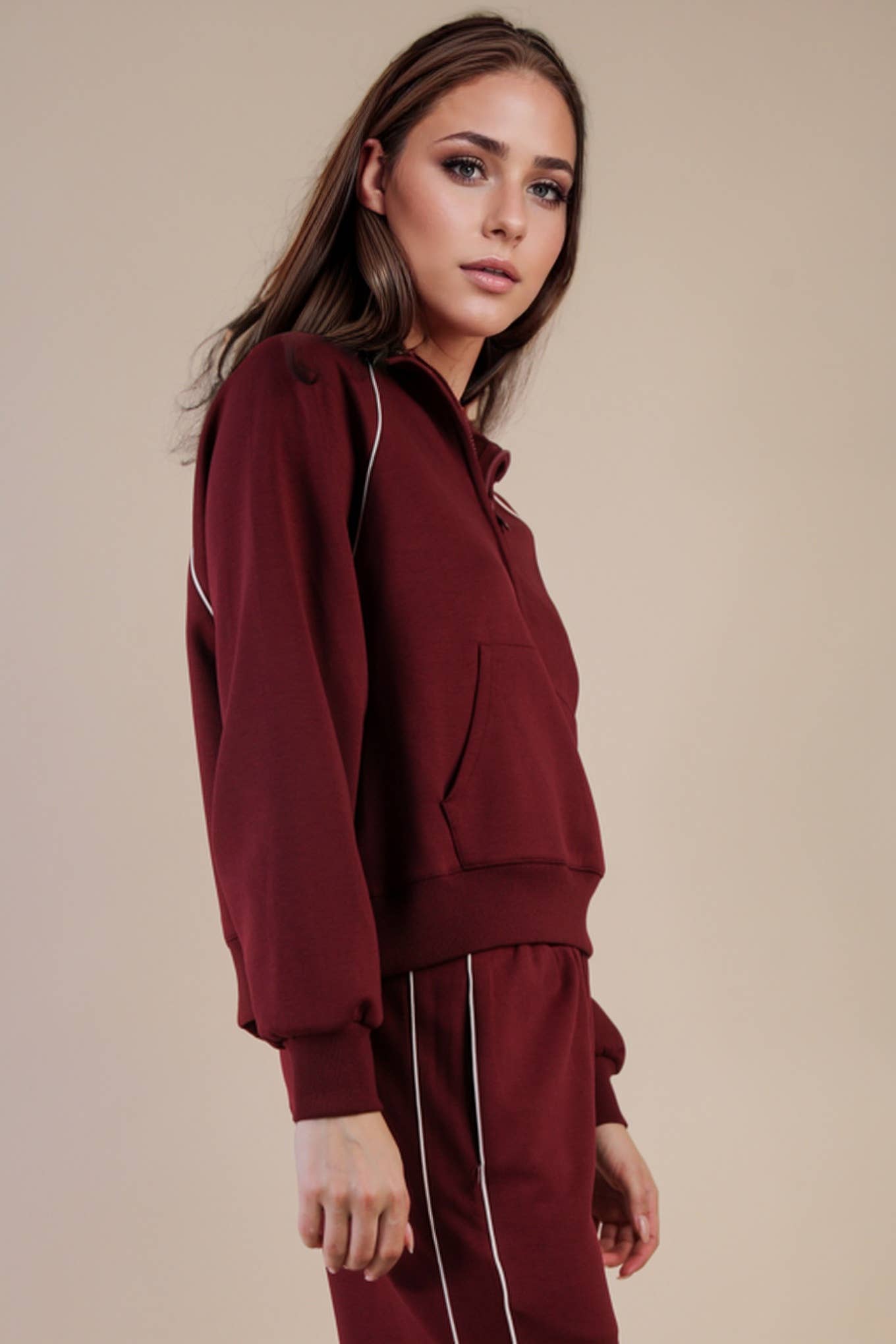 Half Zip Up Piping Detail Knit Casual Top