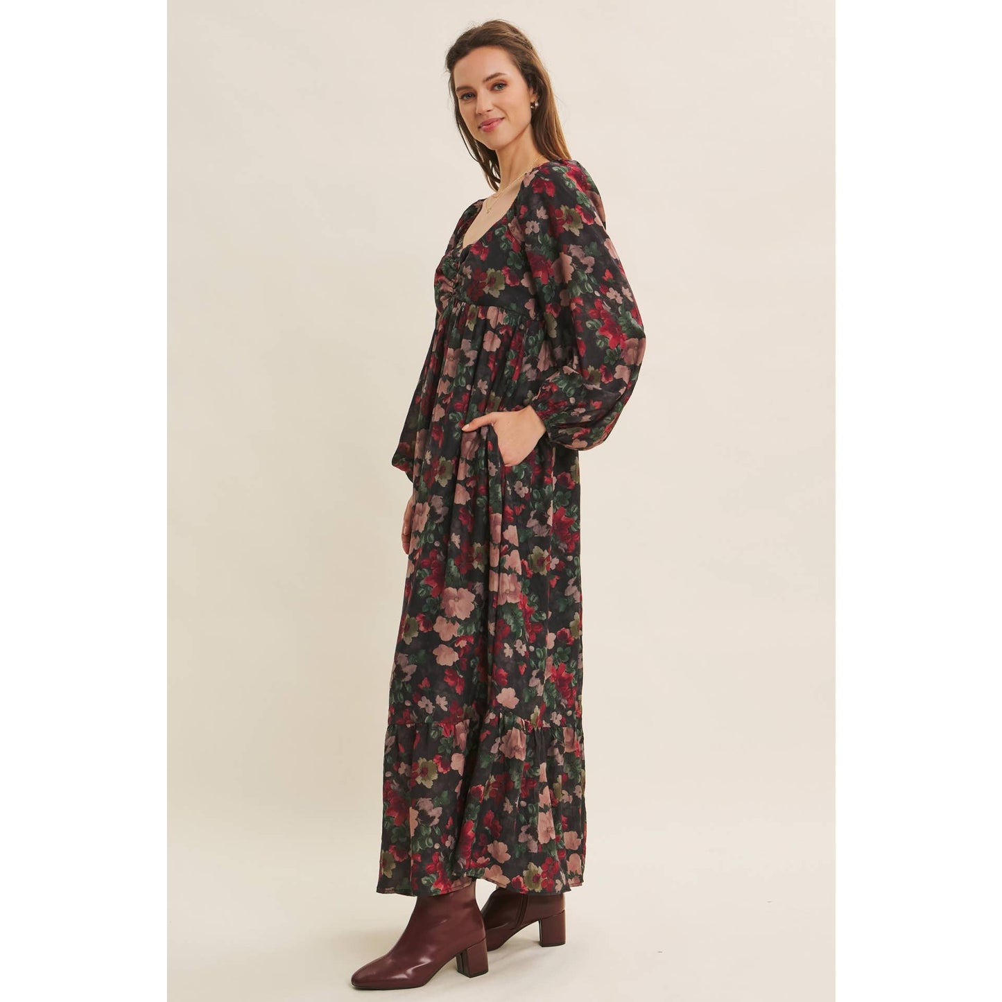 Love Letter To Autumn Floral Crinkled Maxi Smocked Dress