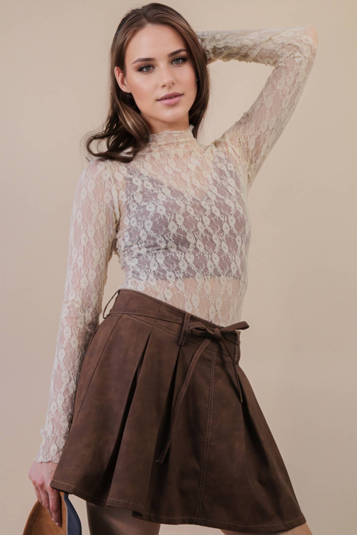 High Neck Fitted Sheer Mesh Lace Knit Top