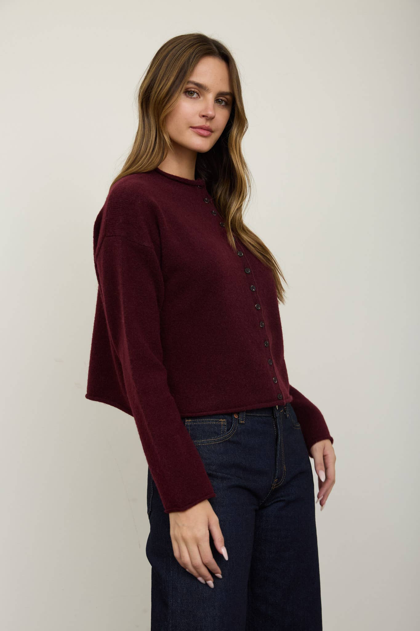 Raw Edge Mock Neck Button Down Cardigan
