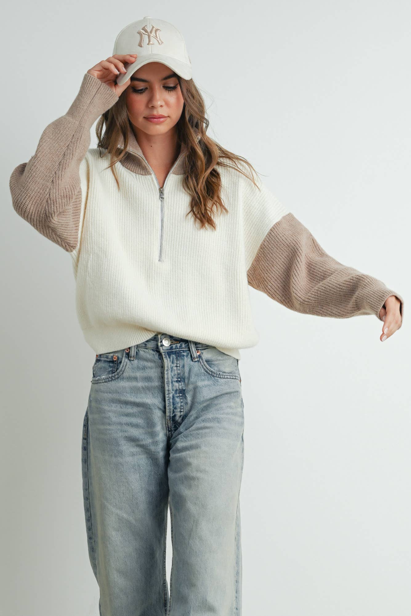 Color Block Collar Half Zipper Pullover Sweater