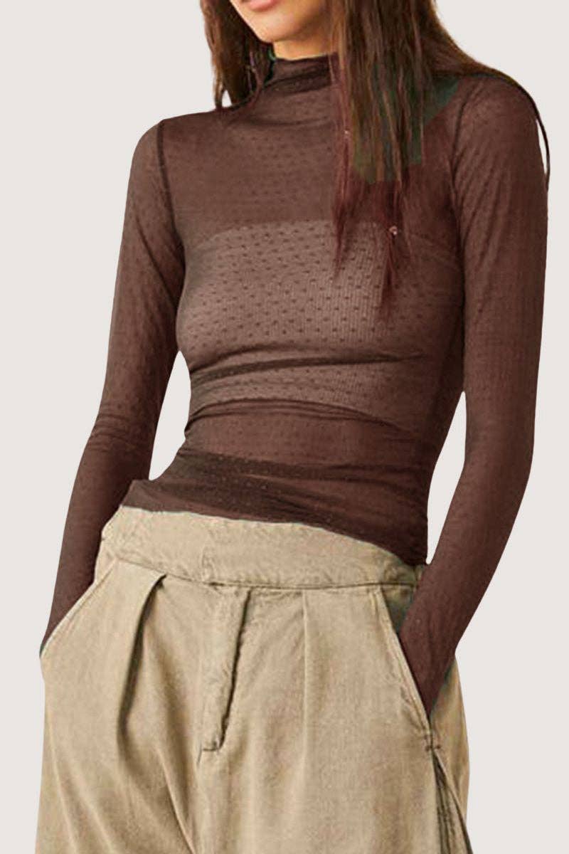 Sheer Turtleneck Long Sleeve Blouse