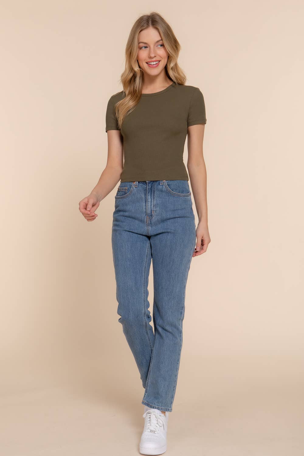 Short Sleeve Crew Neck Cotton Spandex Rib Knit Top