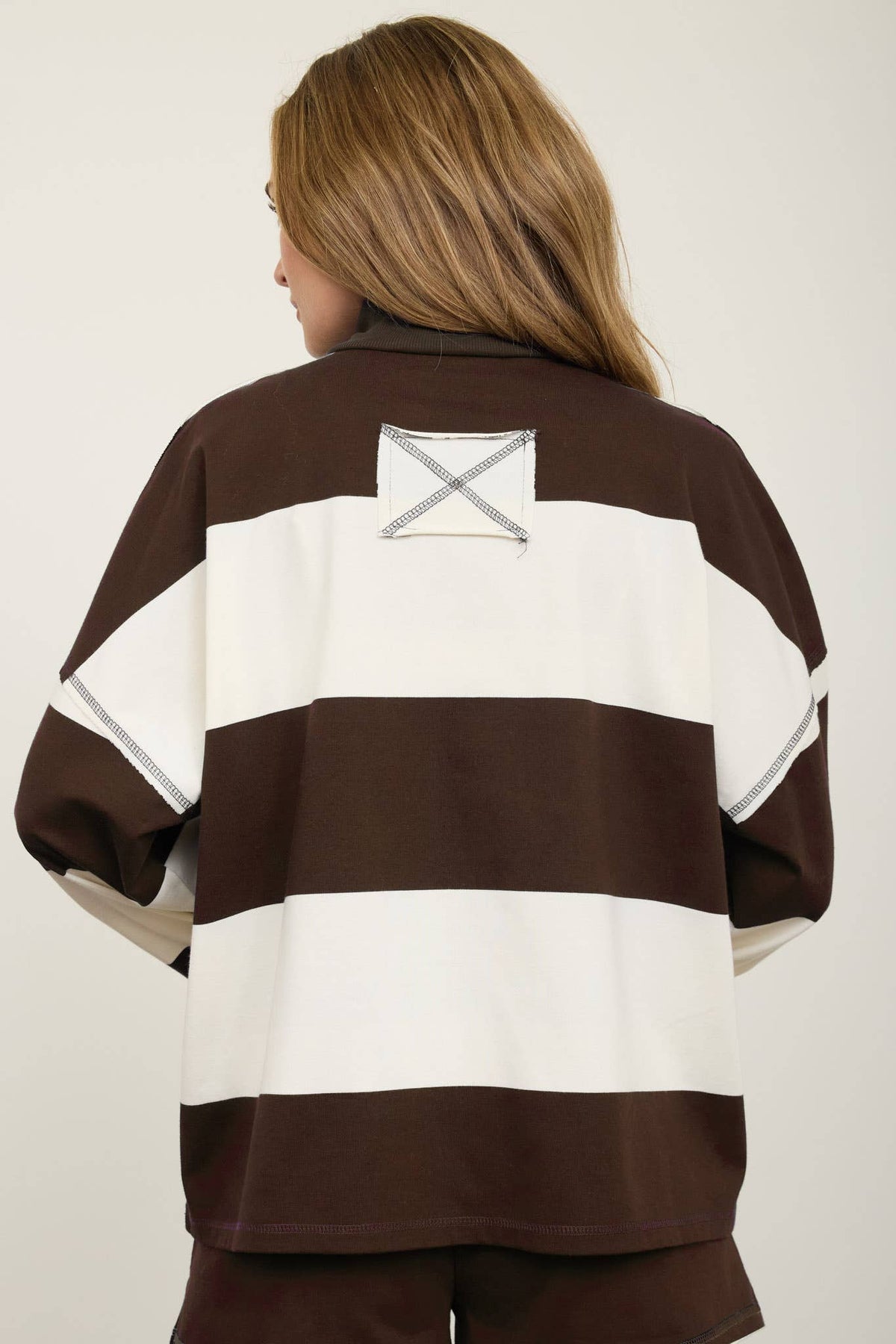 Wide Stripe Half Zip Long Sleeve Knit Top