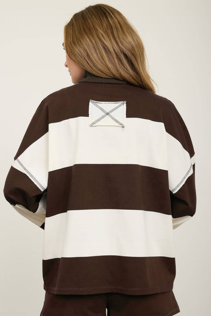 Wide Stripe Half Zip Long Sleeve Knit Top