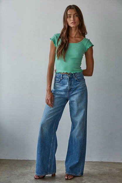 Knit Seamless Ribbed Merrow Detail Crop Top