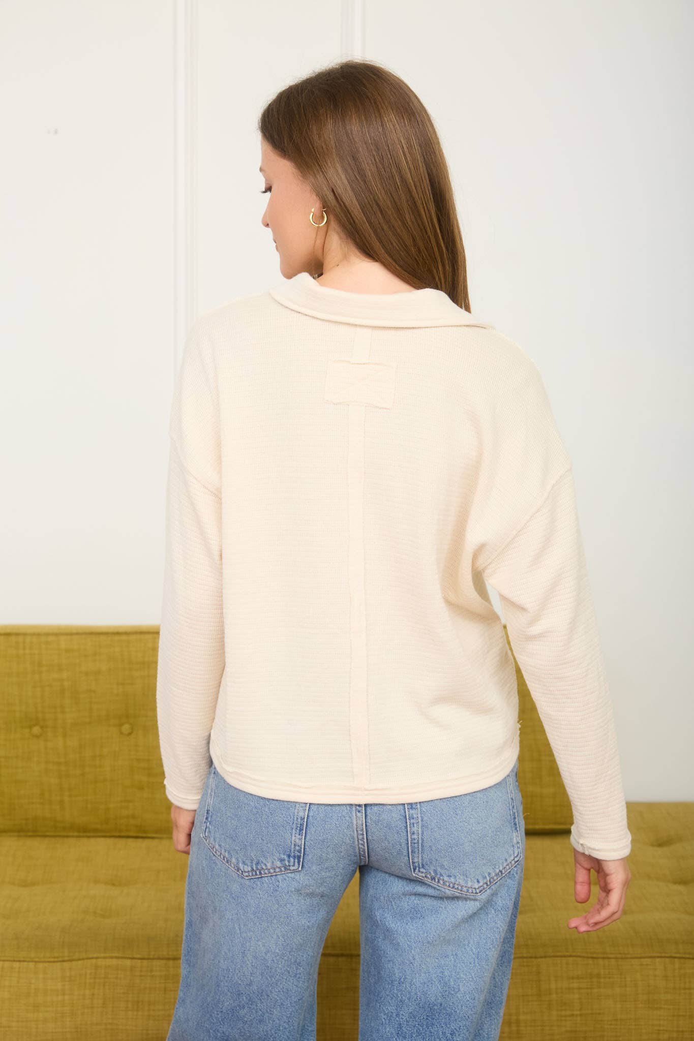 Exposed Seam Long Sleeve Textured Knit Polo