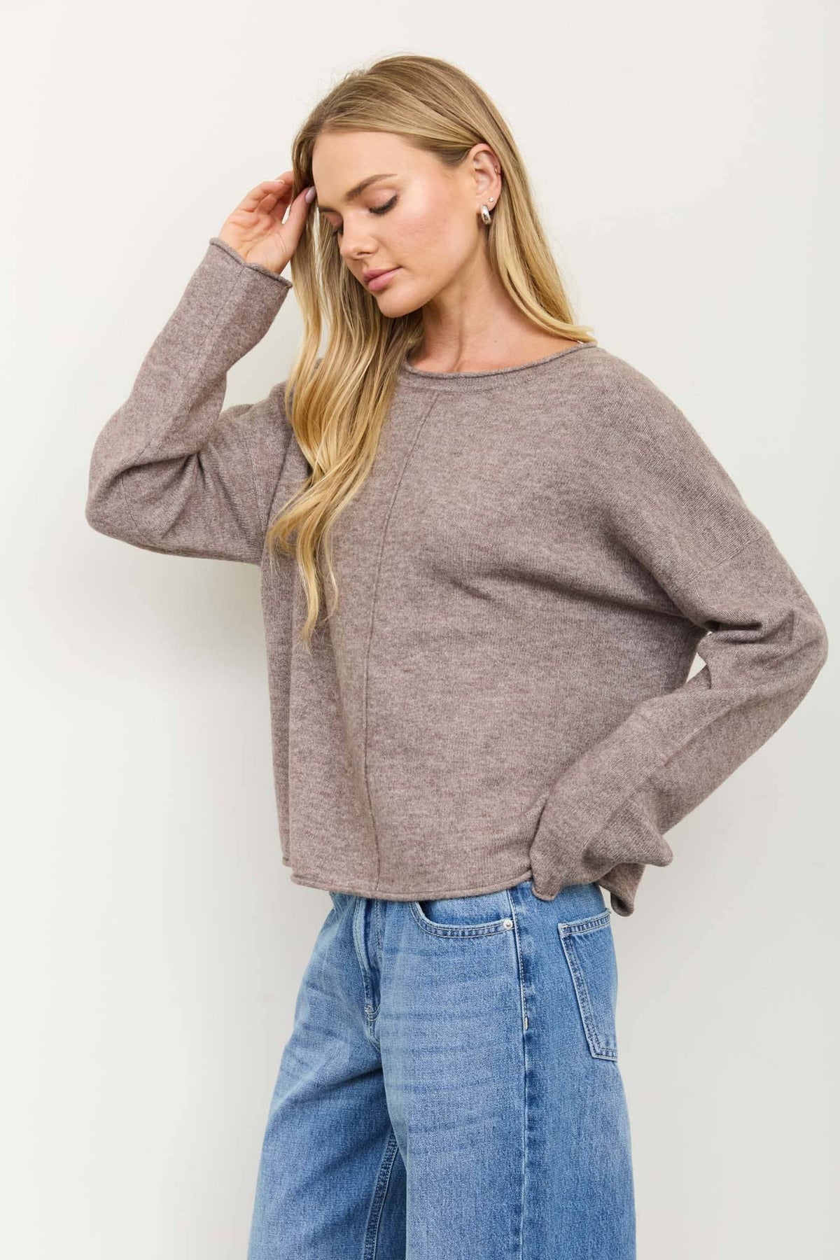 Center Seam Rolled Neck Knit Sweater