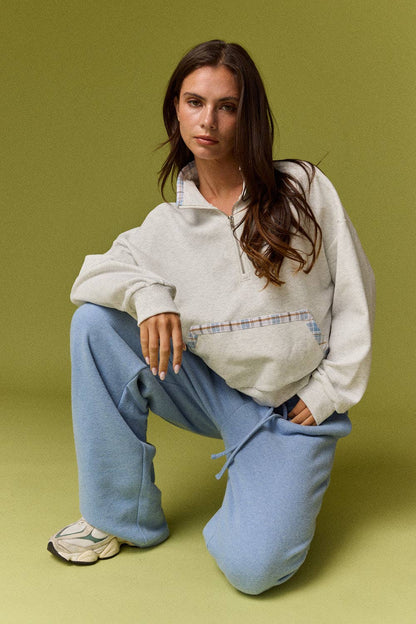 Caroline Plaid Trim Quarter Zip Pullover