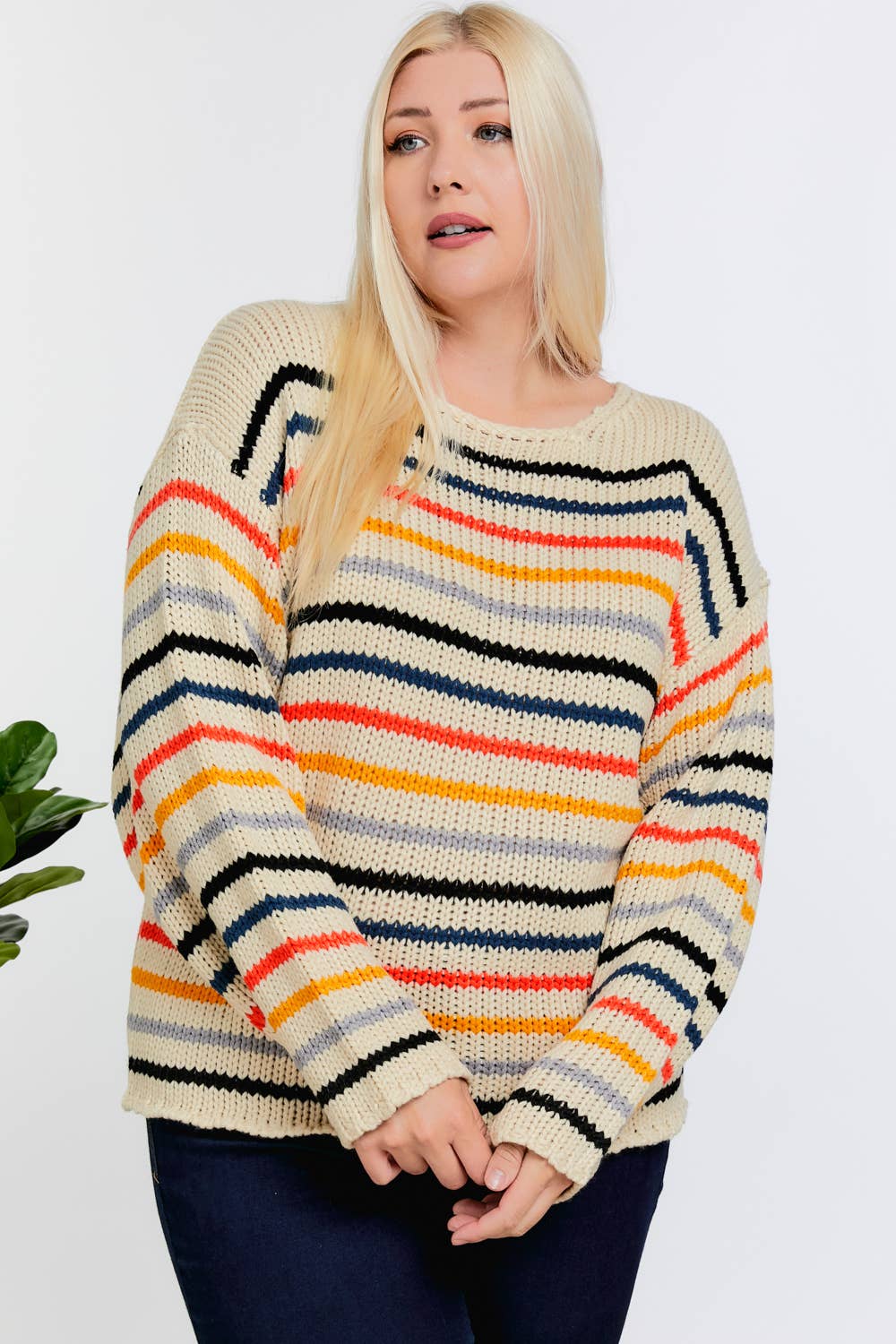 PLUS STRIPE ROUND NECK LONG SLEEVE KNIT SWEATER