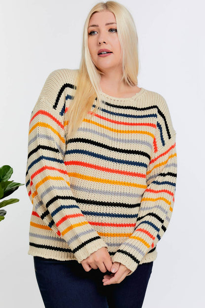 Plus Stripe Round Neck Long Sleeve Knit Sweater