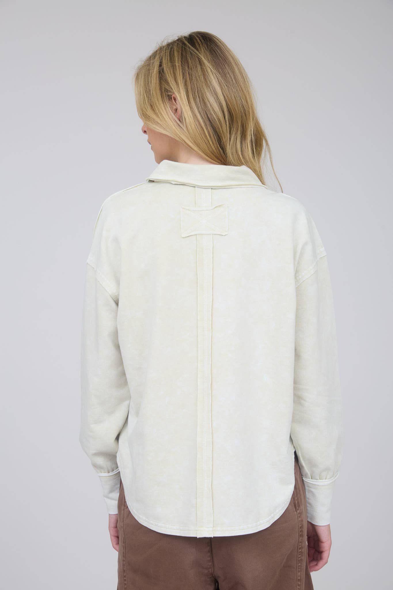 Washed Long Sleeve U Hem Polo Top