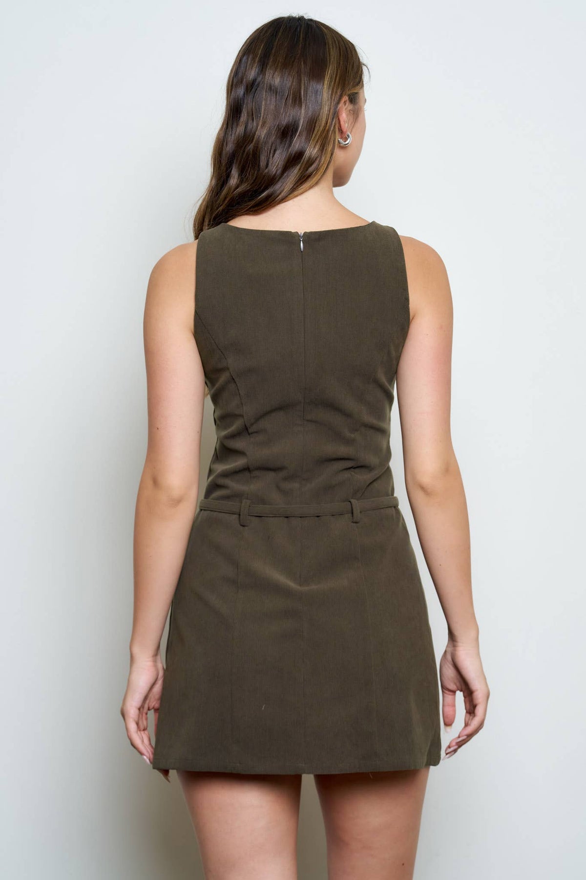 Suede Round Neck Sleeveless Belt Mini Dress
