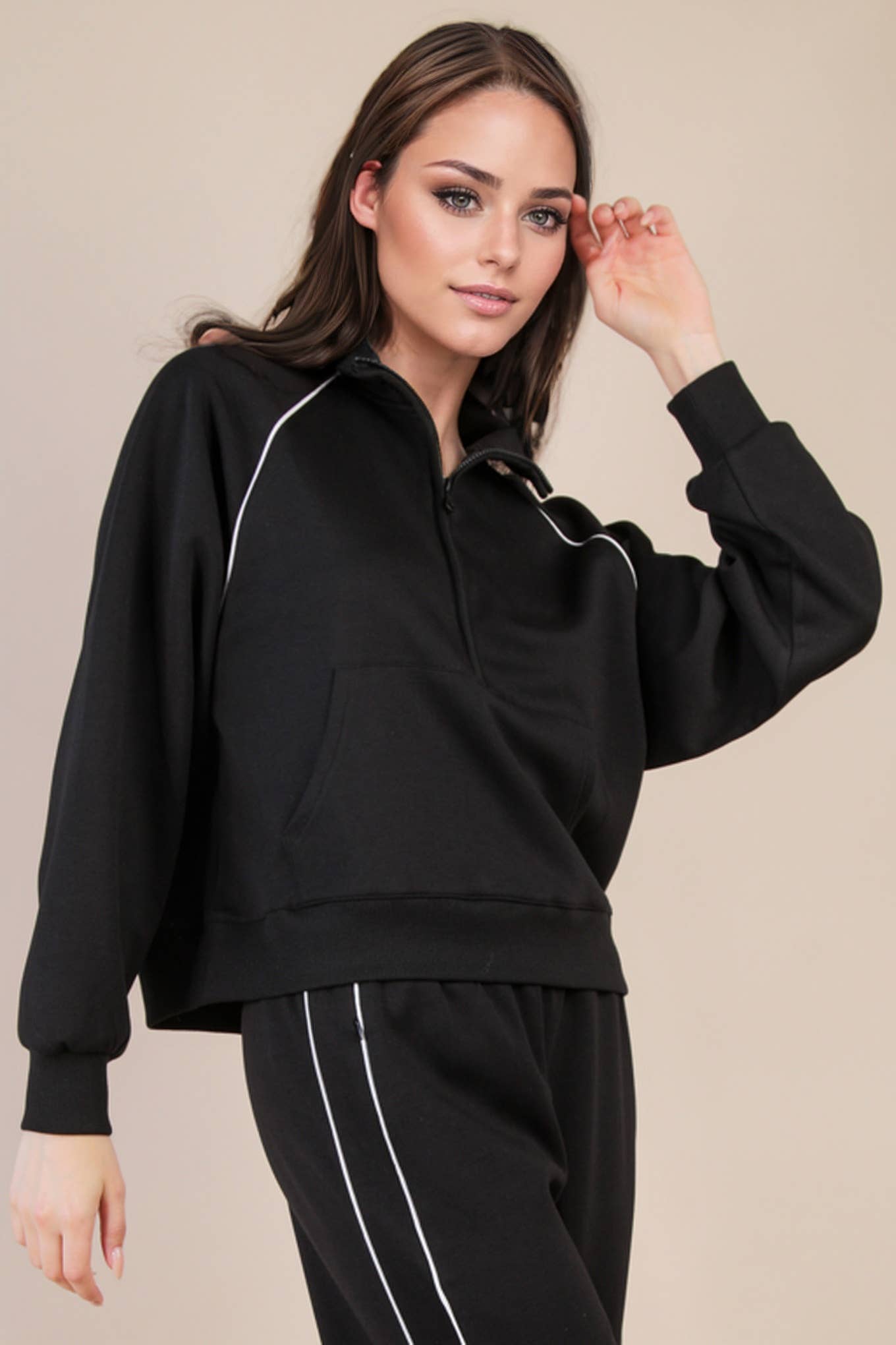 Half Zip Up Piping Detail Knit Casual Top