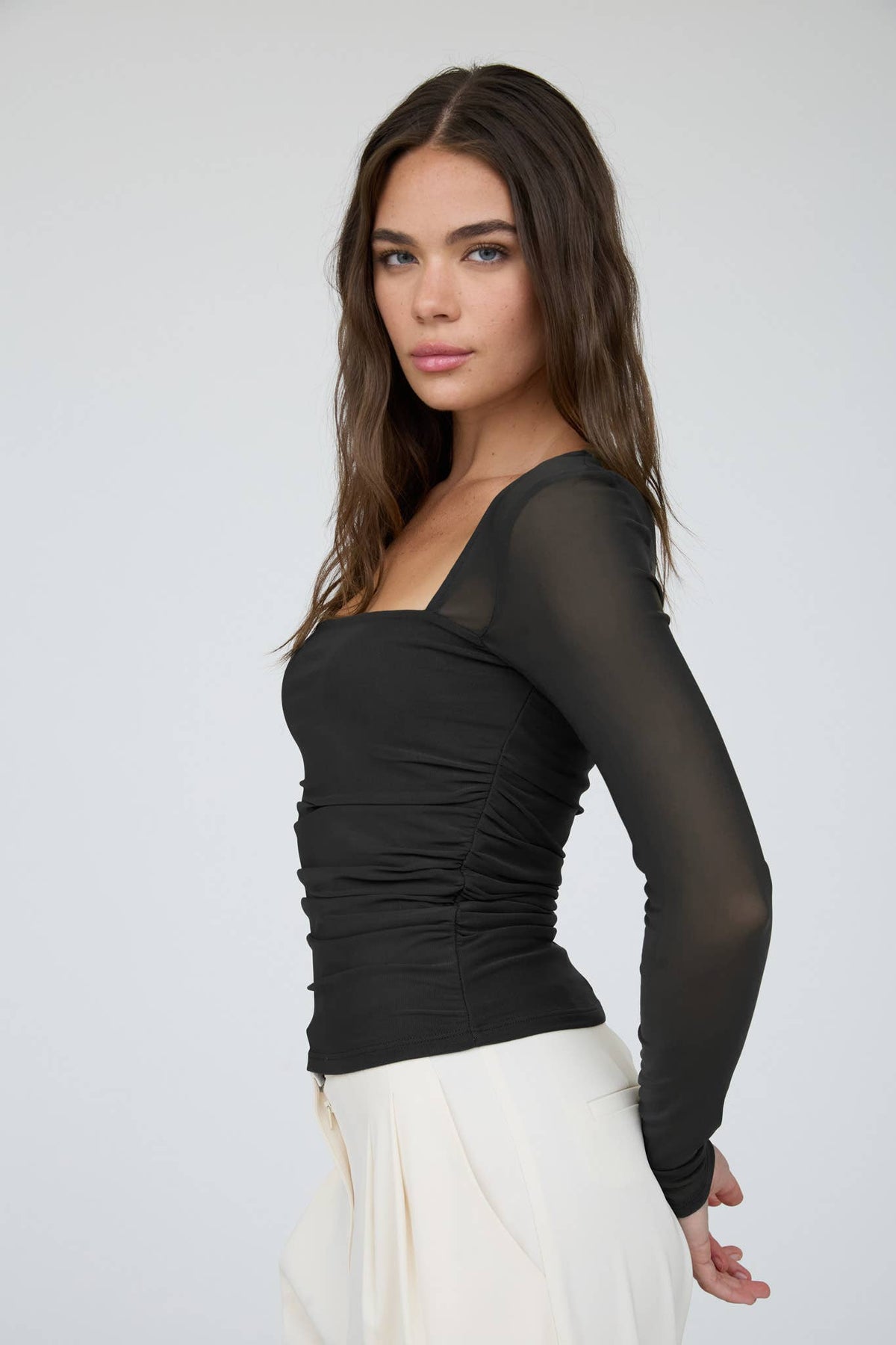 Ruched Waist Square Neck Long Sleeve Knit Top