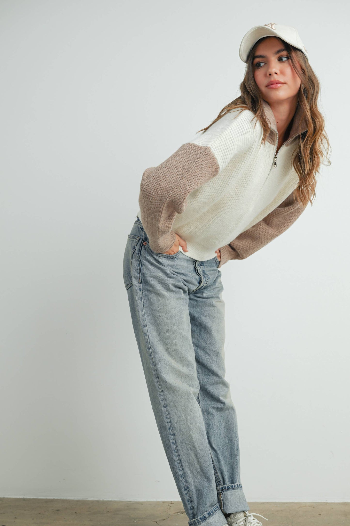 Color Block Collar Half Zipper Pullover Sweater