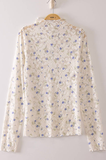 High Neck Fitted Sheer Mesh Lace Knit Top